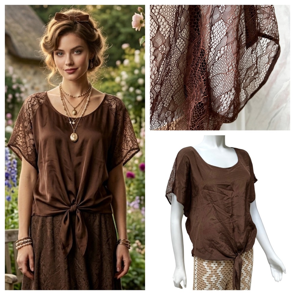New Lace Silk Blouse Chocolate Brown Tie Front Victorian Boho Fairycore NWT Sz S